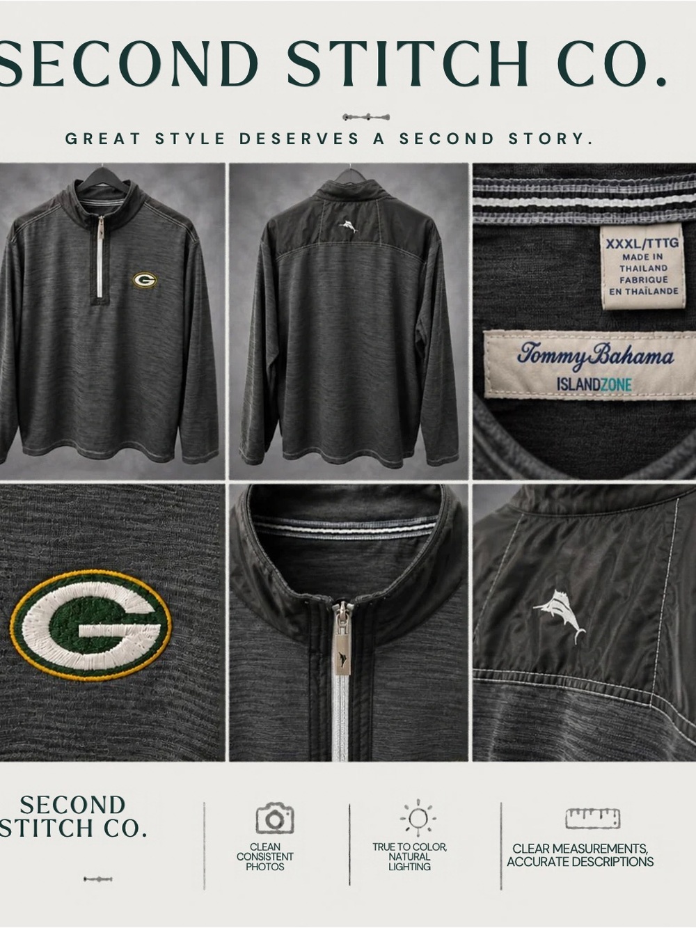 Tommy Bahama Charcoal Gray Quarter-Zip Pullover with Green & Gold Patch